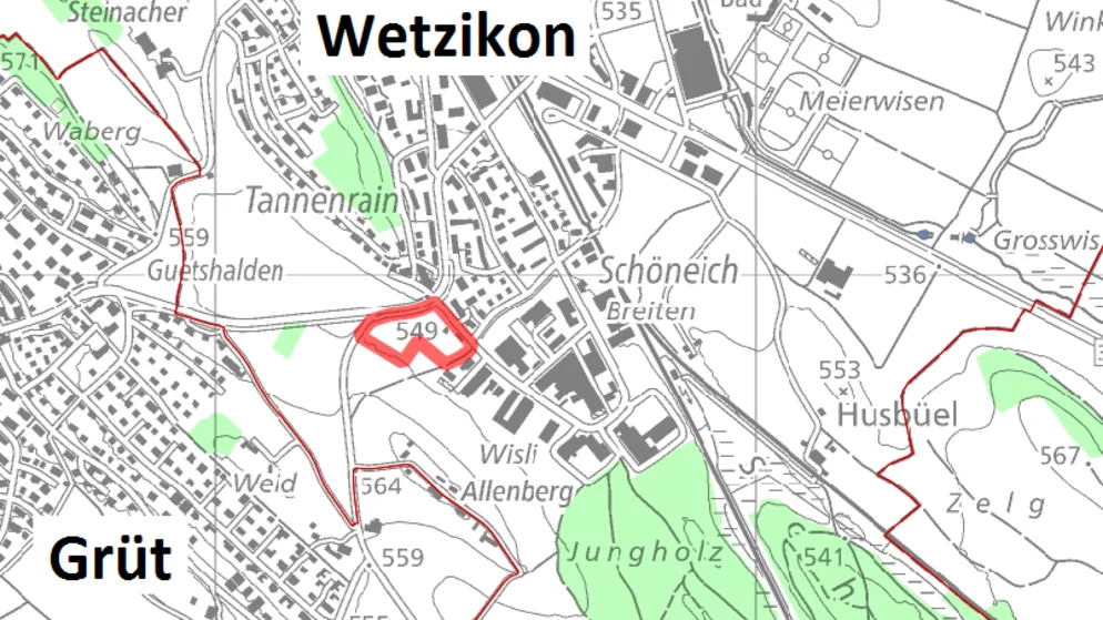 Eine Karte zeigt ein rot eingerahmtes Gebiet bei Wetzikon.